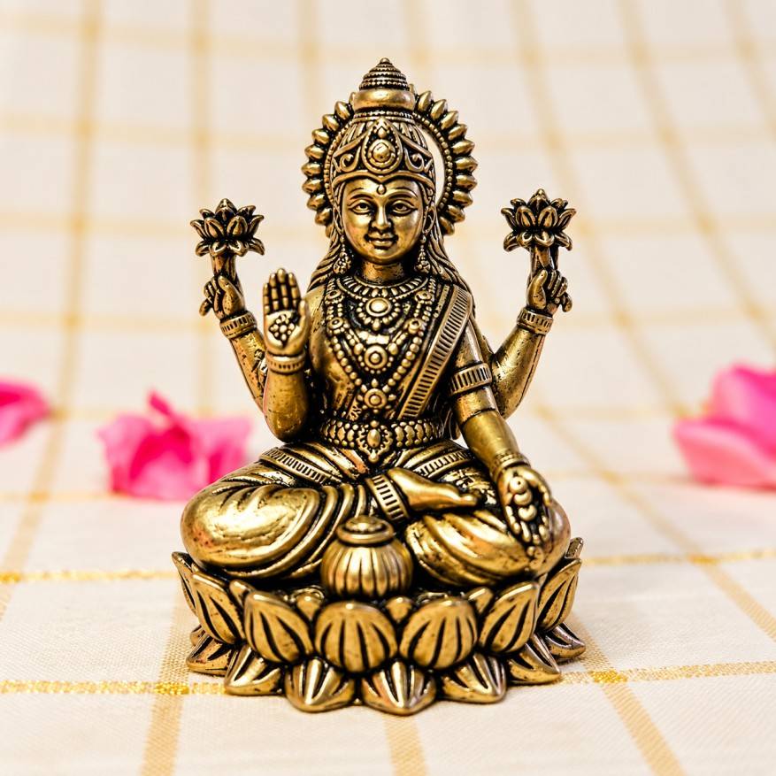 Antique Gold Finish Mini Goddess Lakshmi Brass Idol (6.5 cm) | Traditional Metal Idol for Puja & Home Decor